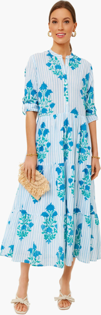 OLIPHANT Tuckernuck Jaipur Blue Stripe Mandarin Maxi Button Long Sleeve Dress